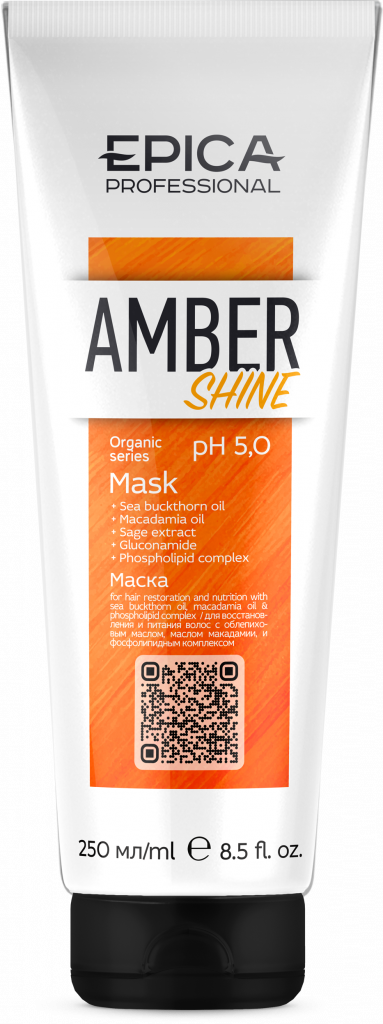 EPICA Professional Amber Shine ORGANIC Маска для восстановления и питания с облепиховым маслом, маслом макадамии, экстрактом шалфея, глюконамидом и фосфолипидным к.png