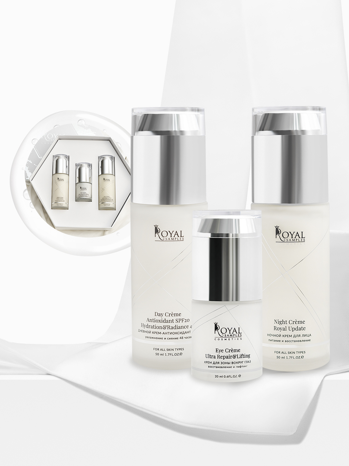 Набор Идеальное лицо Royal Samples - дневной крем SPF20, ночной крем, крем для век
